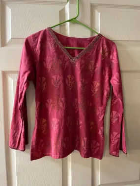 € Womens Junior  Boho Cotton Tunic XSmall Red Asian Print Long Sleeves Sequins