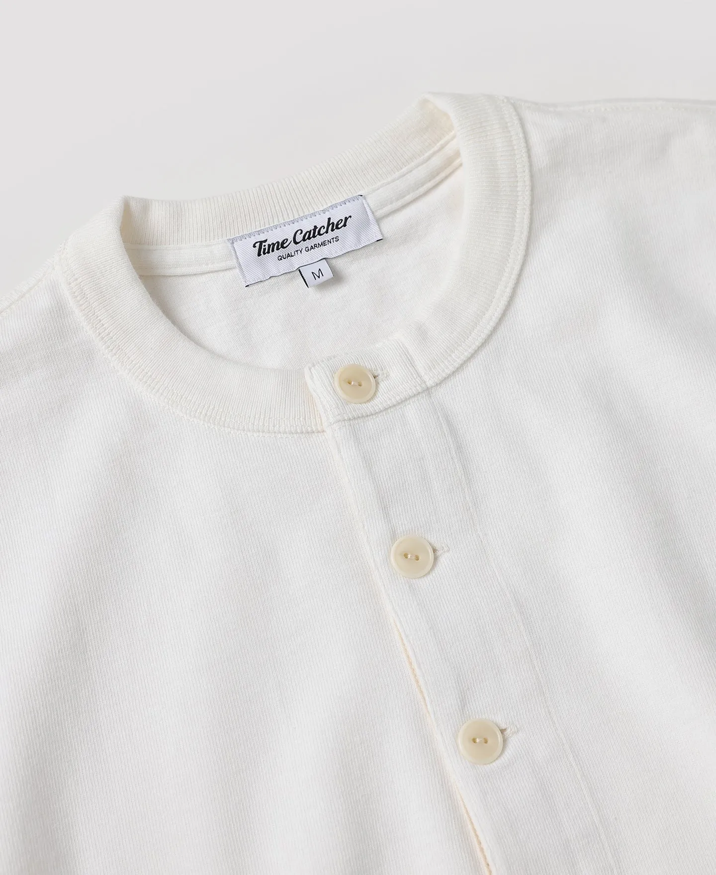 1930s 10.5 oz Cotton Loopwheel Tubular Henley Shirt - White