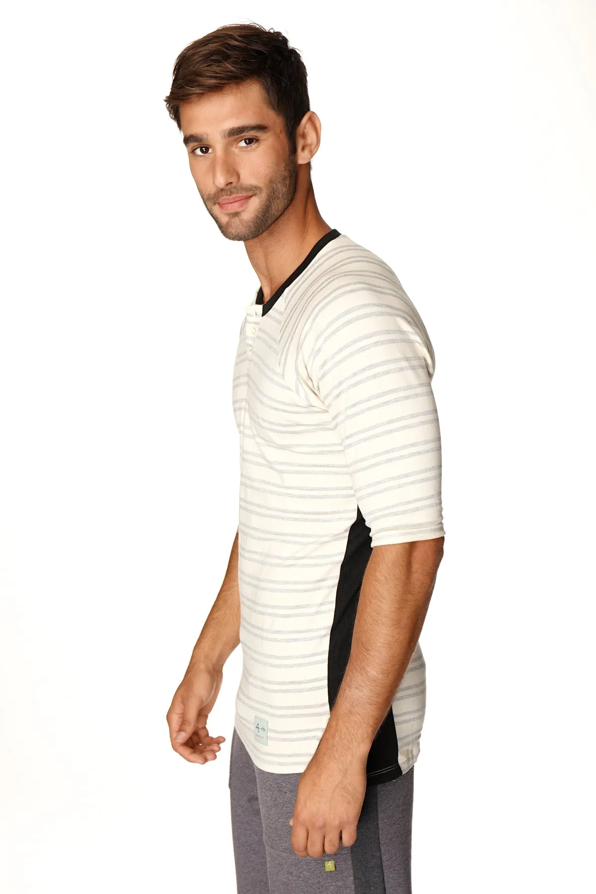 4-rth Mens Vintage-Stripe Henley Tee in French Terry Loop (Grey Double Stripe)