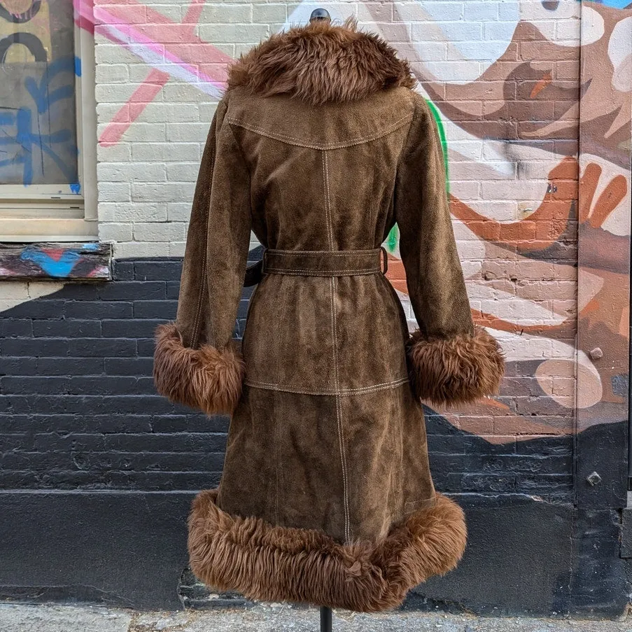 70s Brown Suede Jacket Penny Lane Fur Furry Leather Groovy Vintage Trench Coat