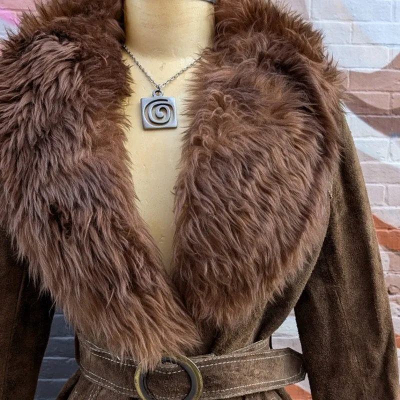 70s Brown Suede Jacket Penny Lane Fur Furry Leather Groovy Vintage Trench Coat