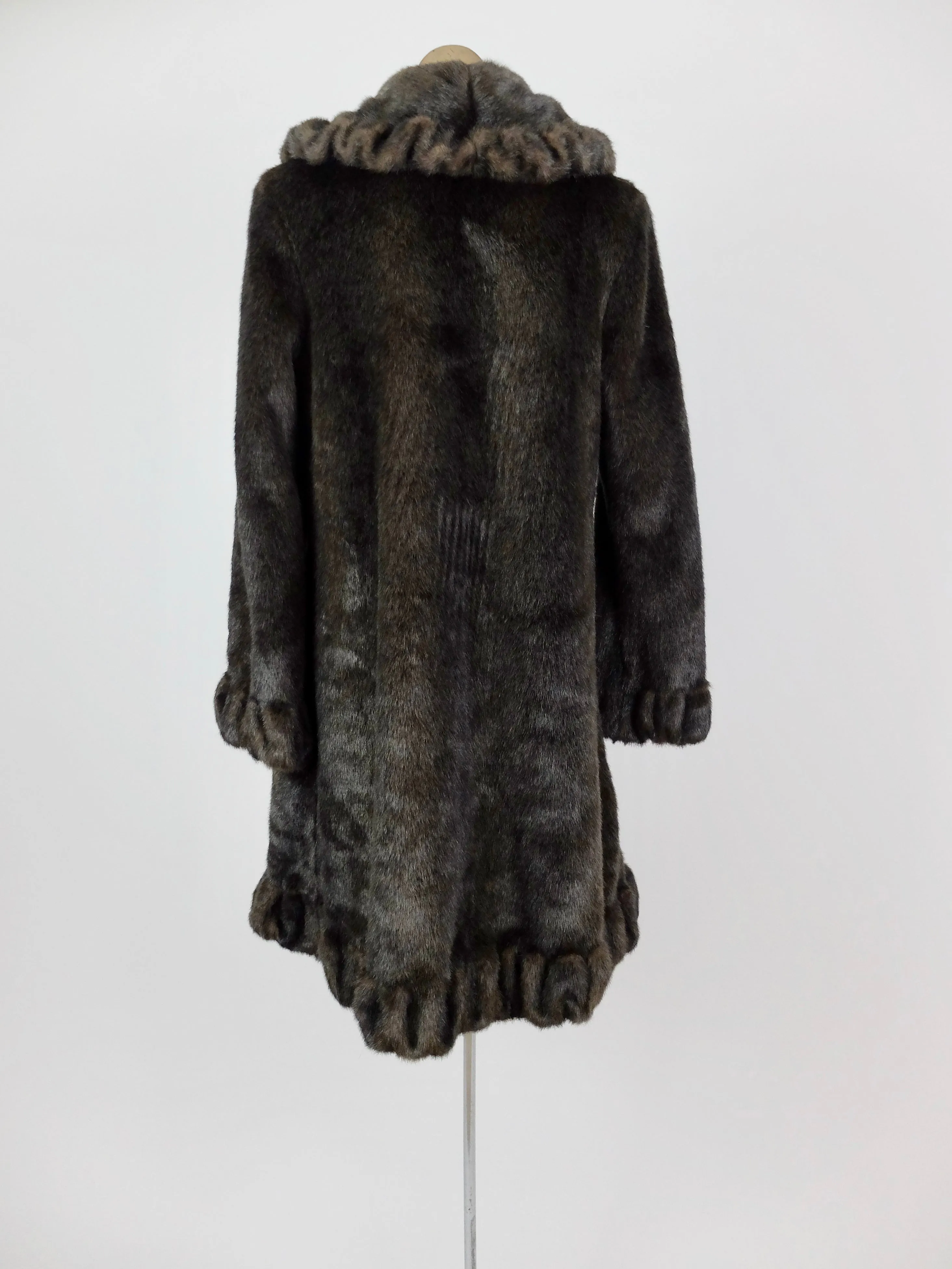 80s Ruffled Dark Brown Faux Fur Long Winter Coat with Pockets