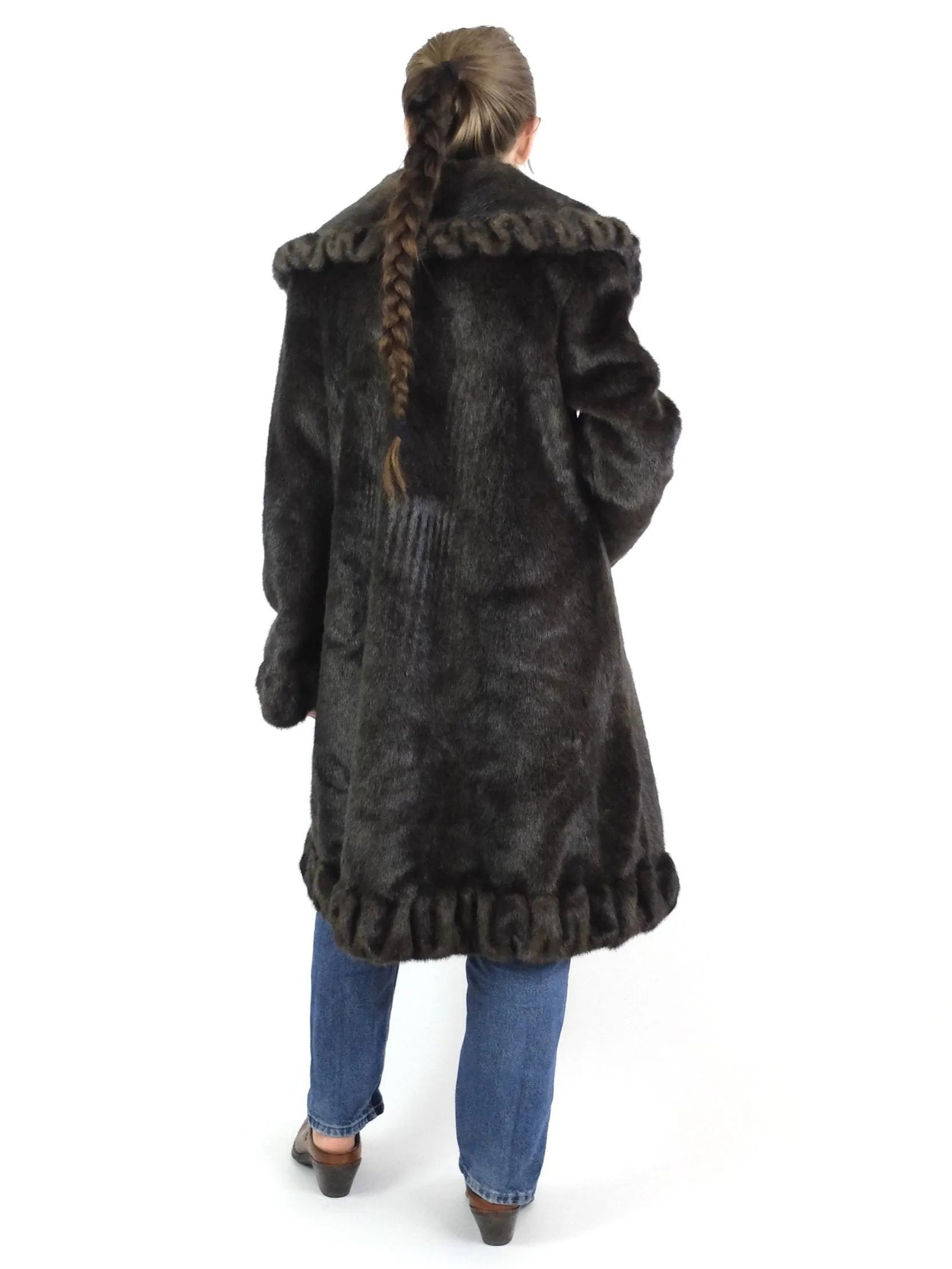 80s Ruffled Dark Brown Faux Fur Long Winter Coat with Pockets