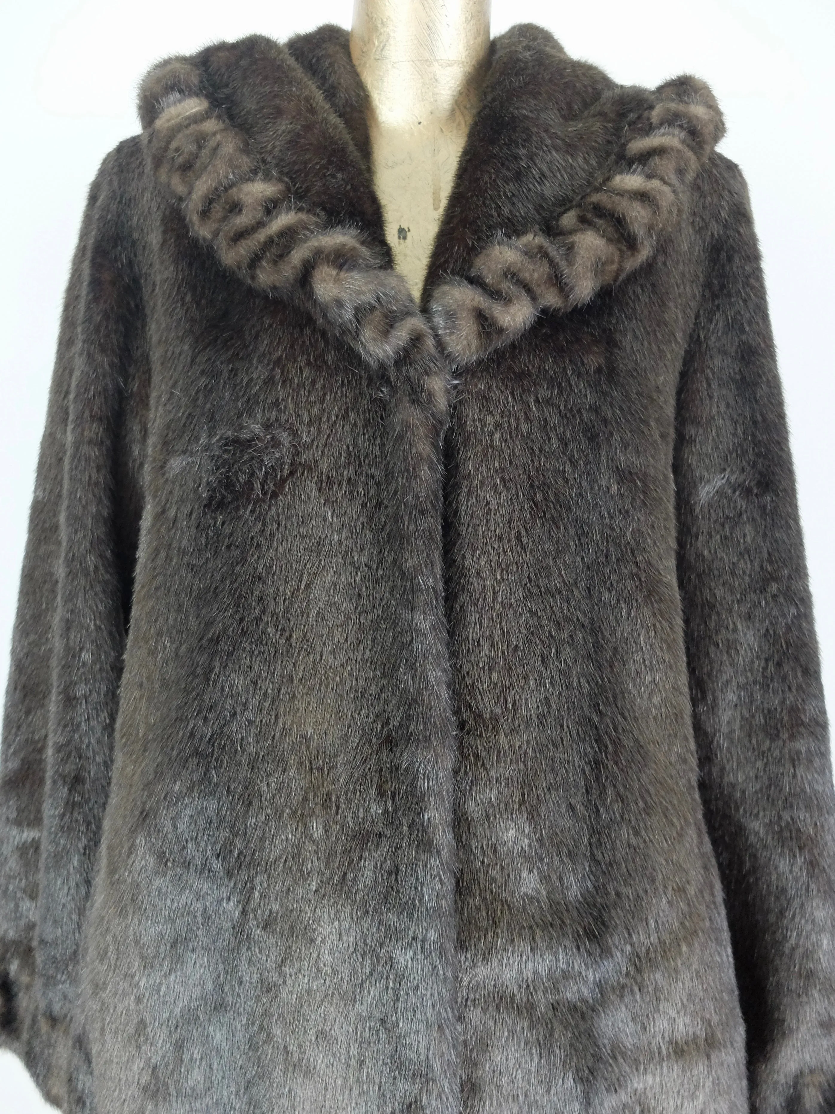 80s Ruffled Dark Brown Faux Fur Long Winter Coat with Pockets