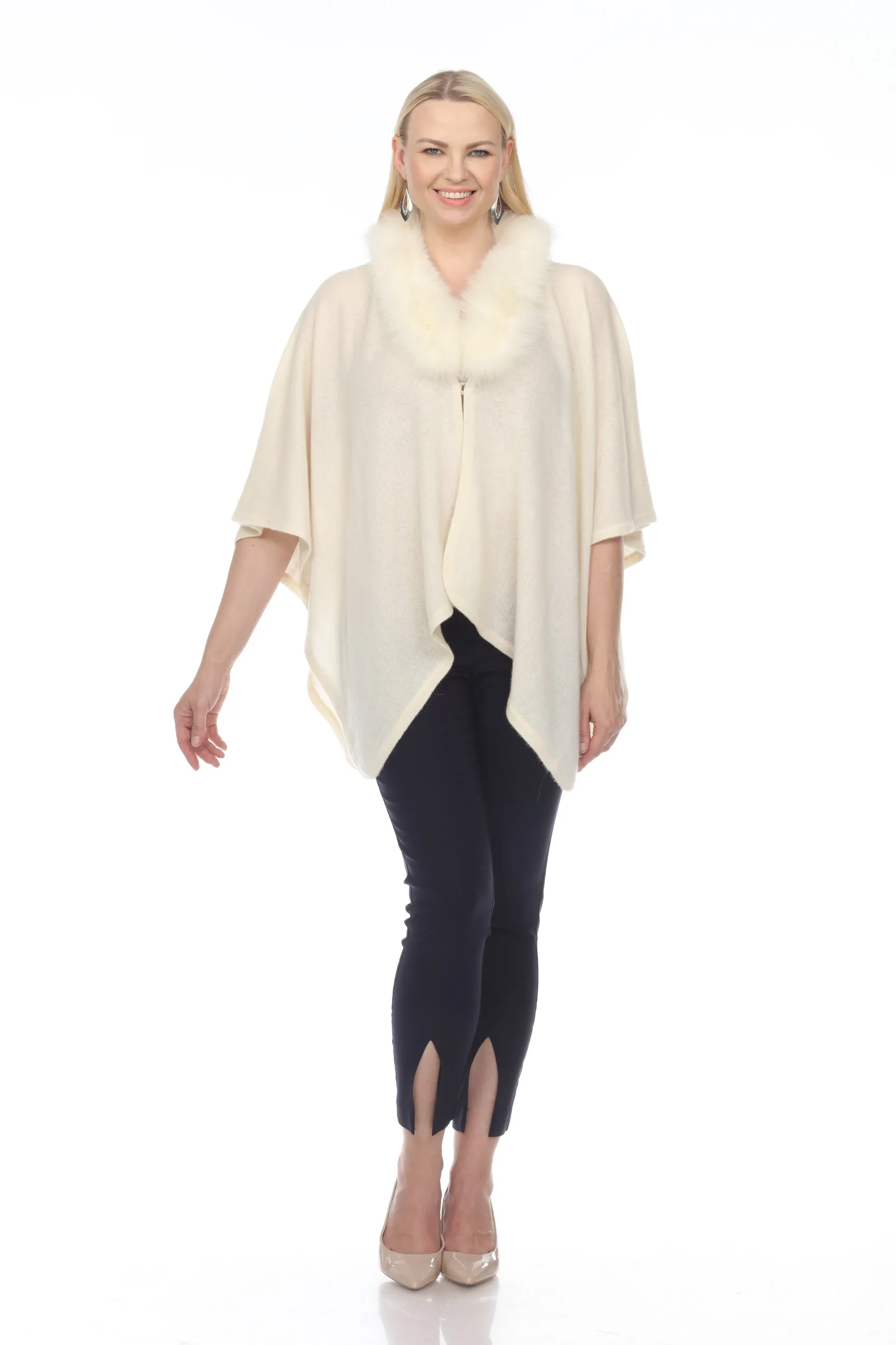 Alashan Luxe 100% Cashmere Gala Fox Trim Ruana LX3003