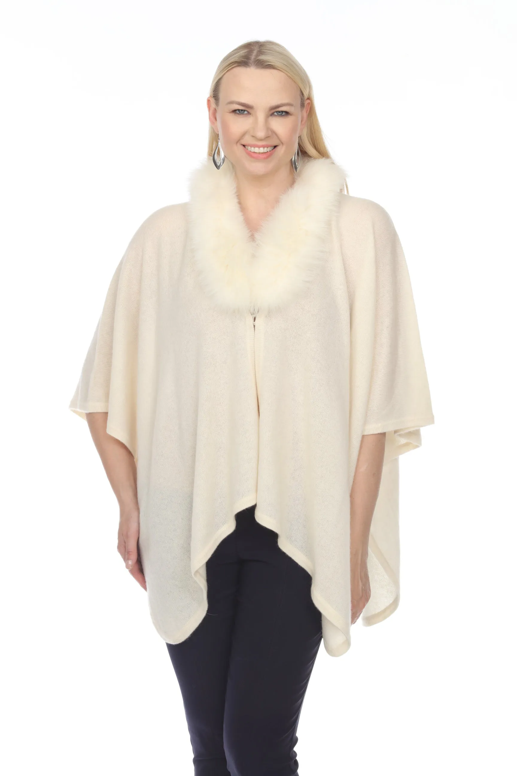 Alashan Luxe 100% Cashmere Gala Fox Trim Ruana LX3003