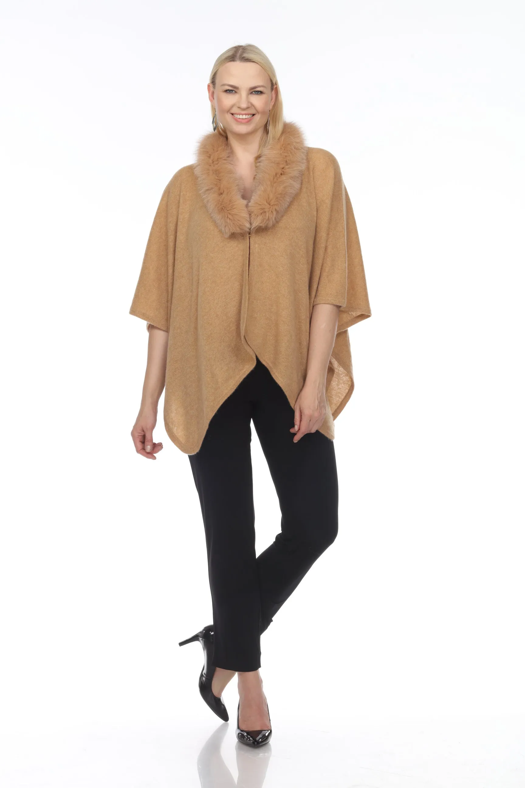 Alashan Luxe 100% Cashmere Gala Fox Trim Ruana LX3003