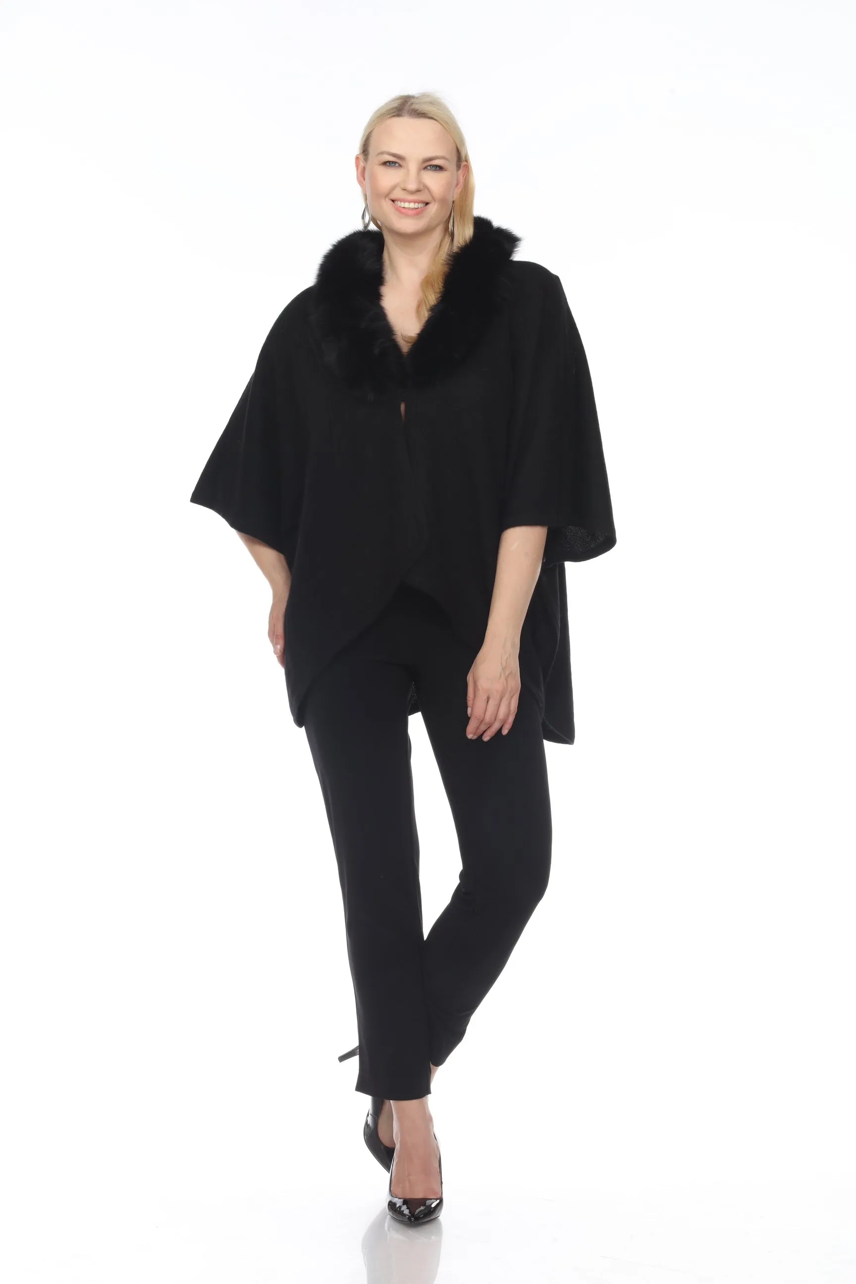 Alashan Luxe 100% Cashmere Gala Fox Trim Ruana LX3003