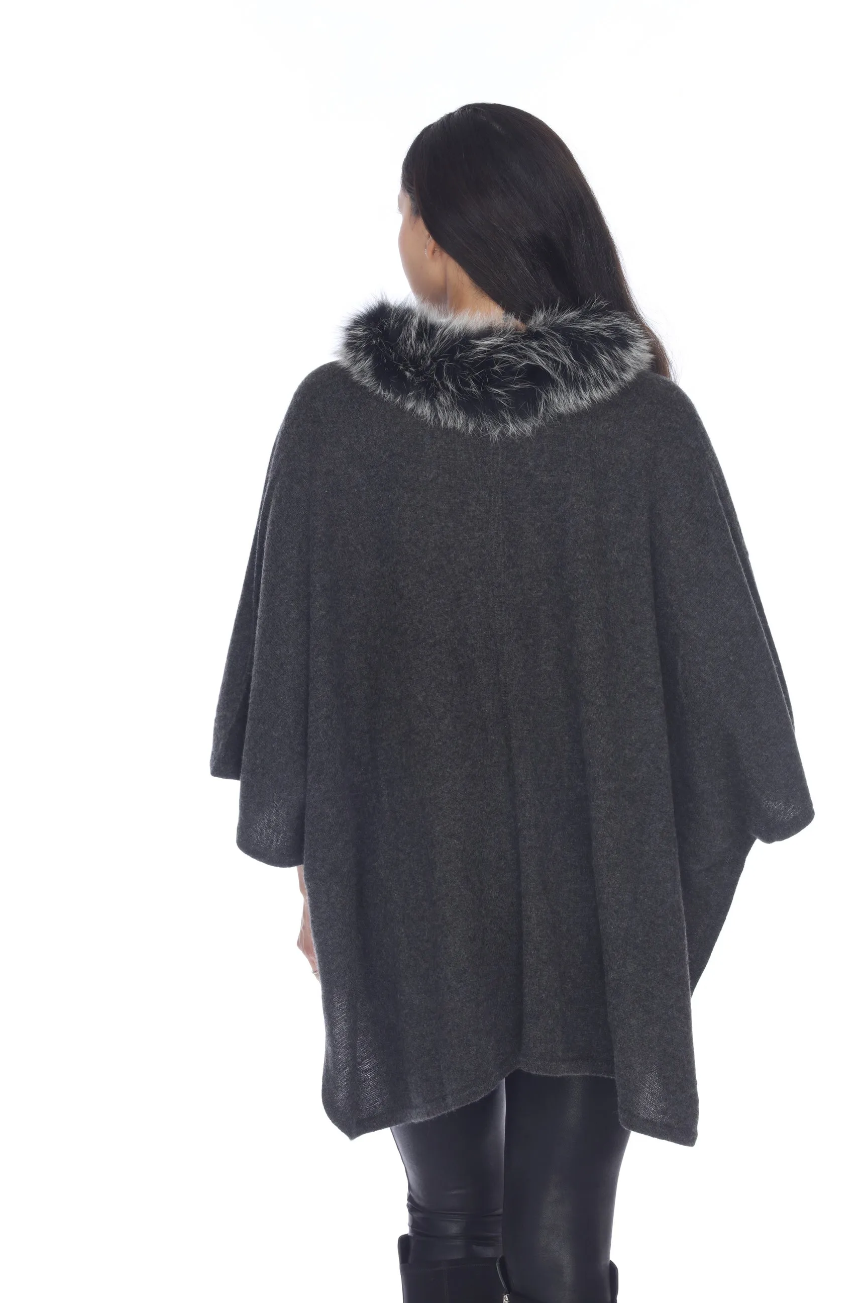 Alashan Luxe 100% Cashmere Gala Fox Trim Ruana LX3003