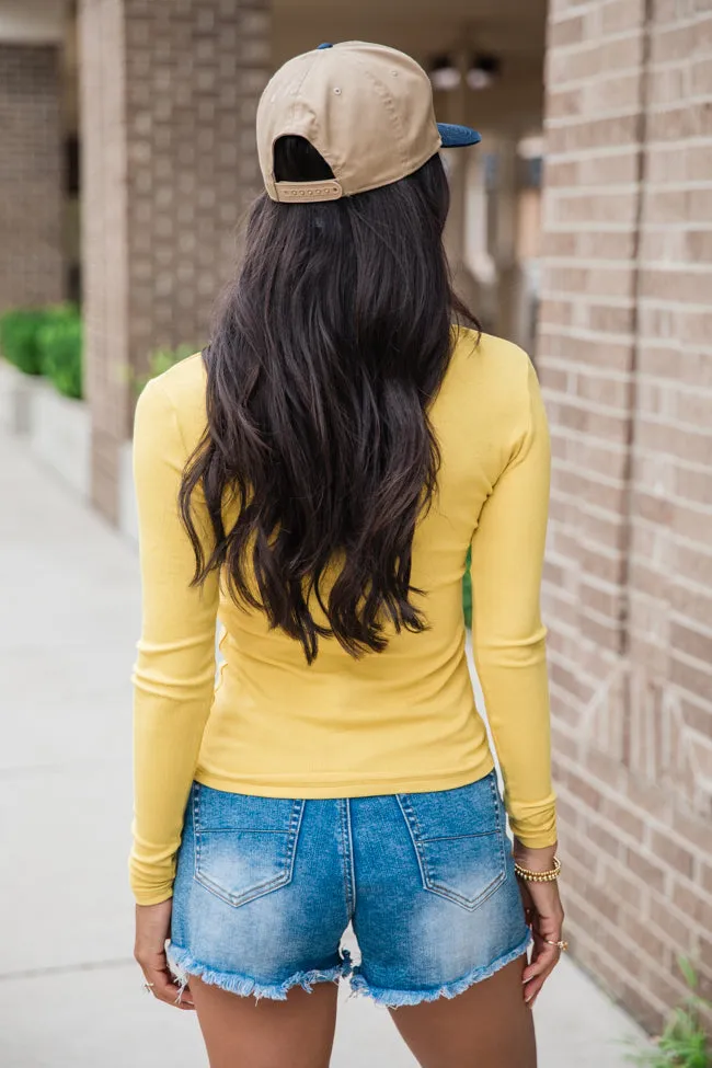 All The Better Mustard Ribbed Knit Henley Long Sleeve Tee