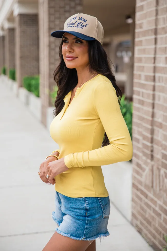 All The Better Mustard Ribbed Knit Henley Long Sleeve Tee