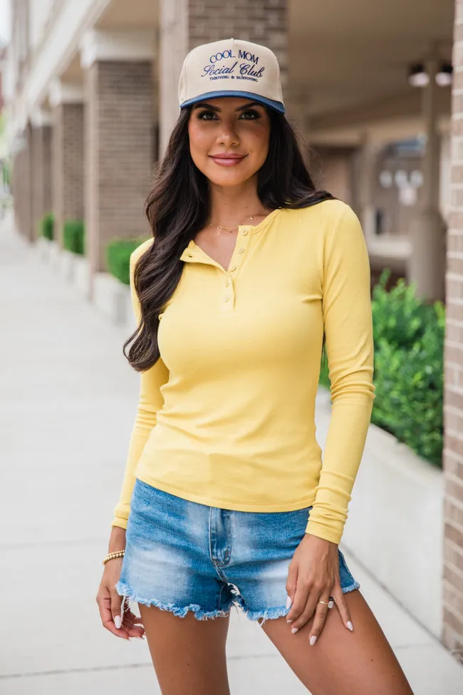 All The Better Mustard Ribbed Knit Henley Long Sleeve Tee