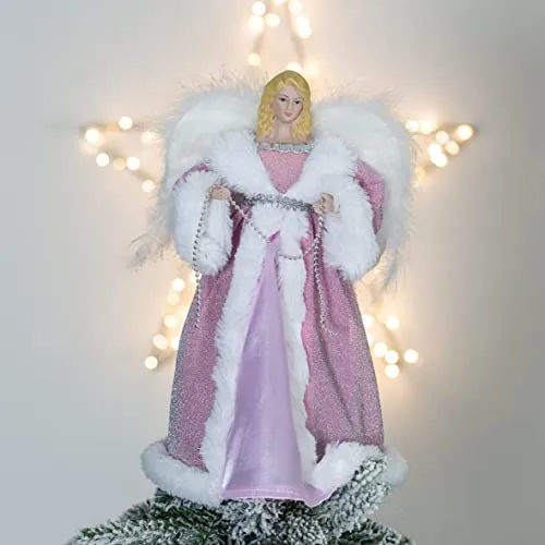 Angel Tree Topper 12 inch Tall Pink and White Dress Indoor Christmas Decoration