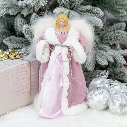 Angel Tree Topper 12 inch Tall Pink and White Dress Indoor Christmas Decoration