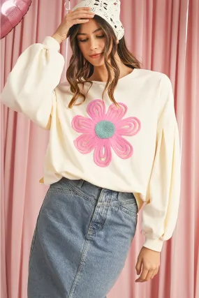 Beige Cute Tinsel Flower Puff Sleeve Sweatshirt