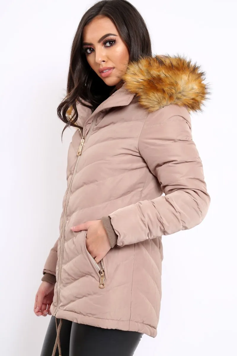 Beige Padded Coat With Faux Fur Trim Hood - Jocelyn