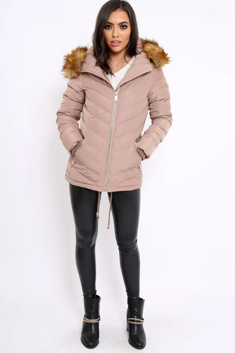 Beige Padded Coat With Faux Fur Trim Hood - Jocelyn