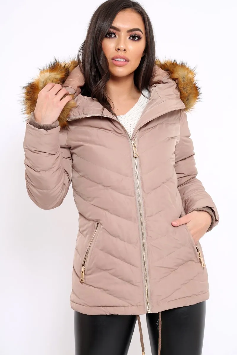 Beige Padded Coat With Faux Fur Trim Hood - Jocelyn