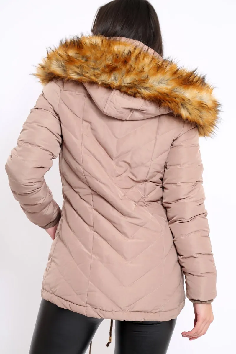 Beige Padded Coat With Faux Fur Trim Hood - Jocelyn