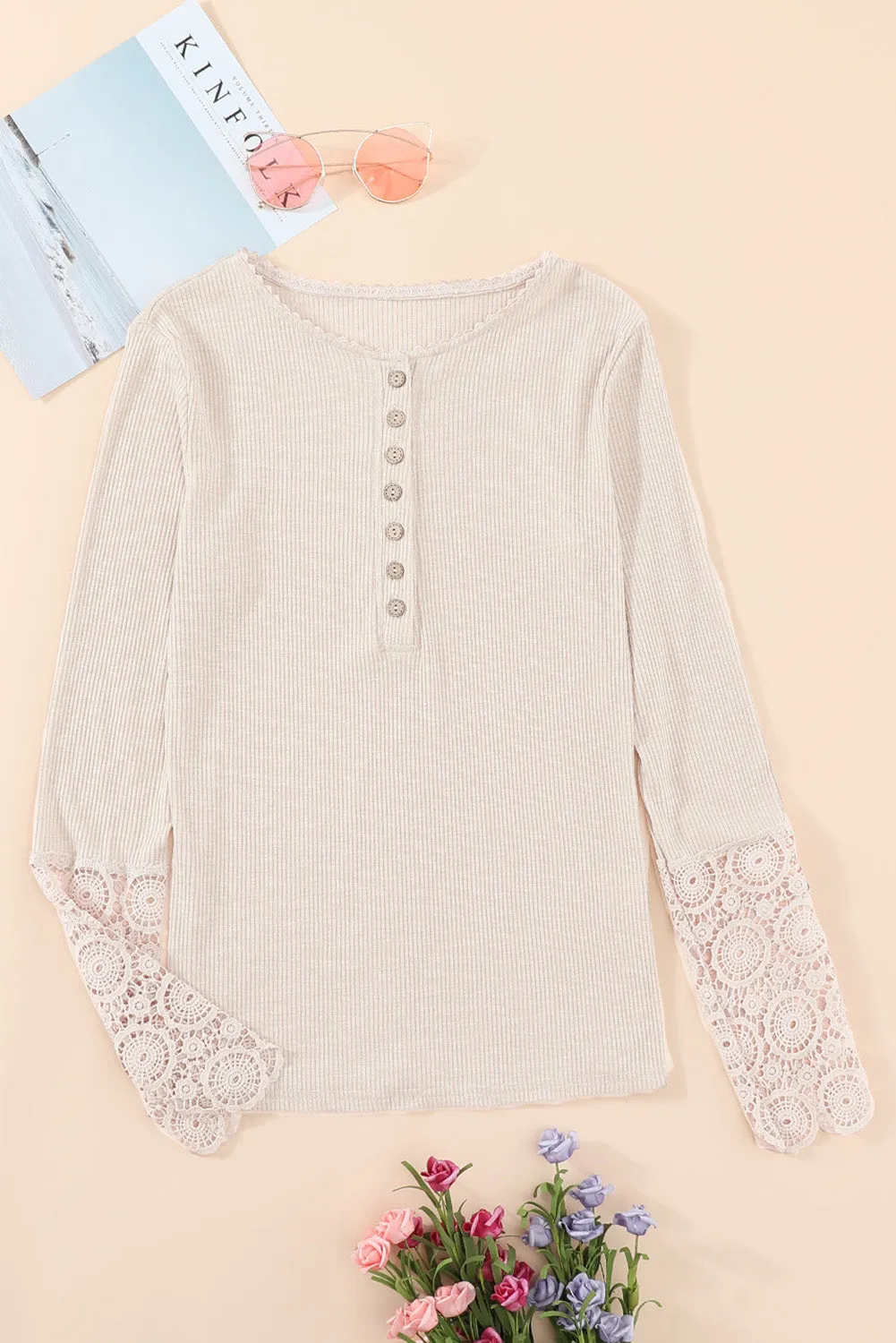 Beige Ribbed Lace Crochet Long Sleeve Henley Shirt for Women