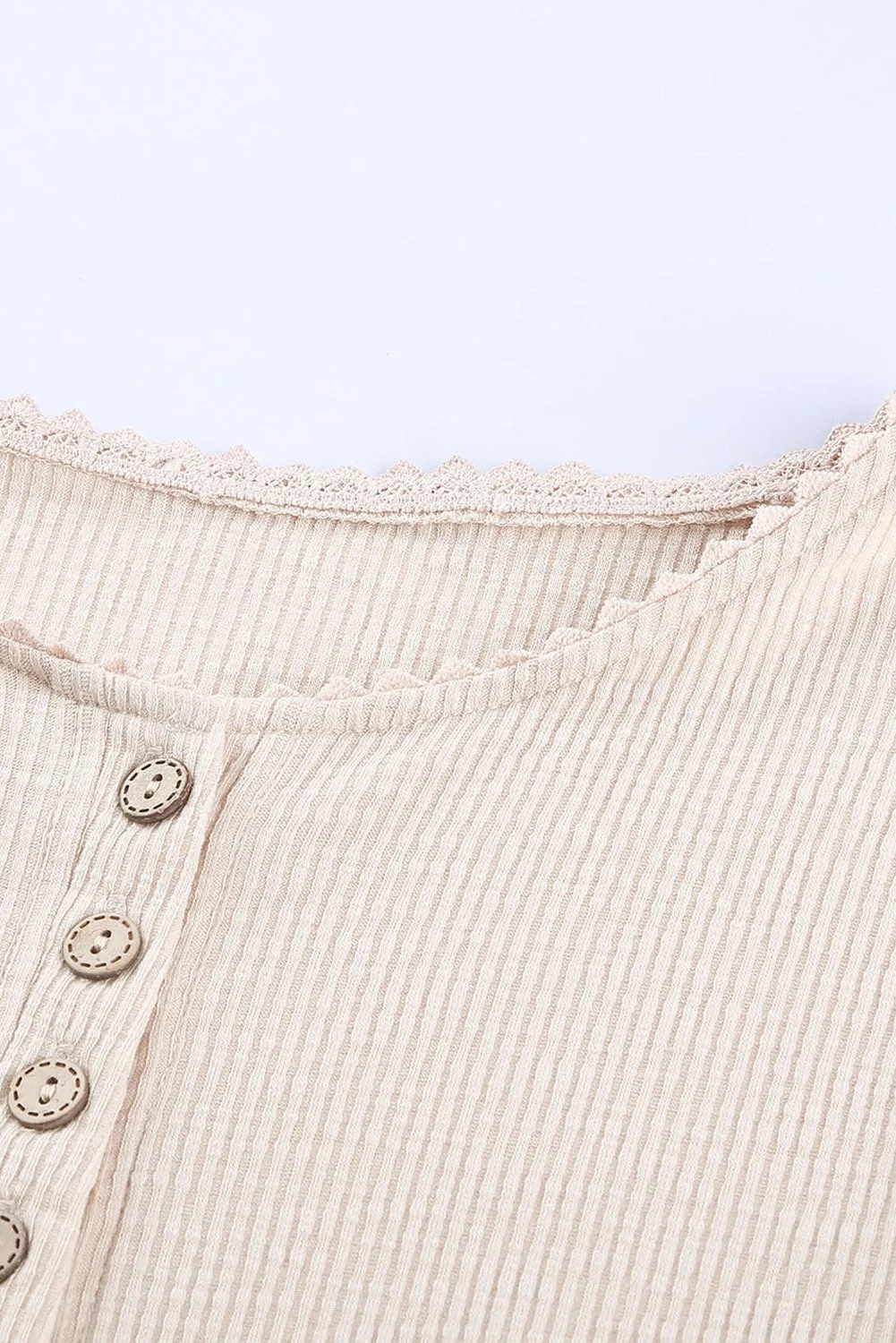 Beige Ribbed Lace Crochet Long Sleeve Henley Shirt for Women