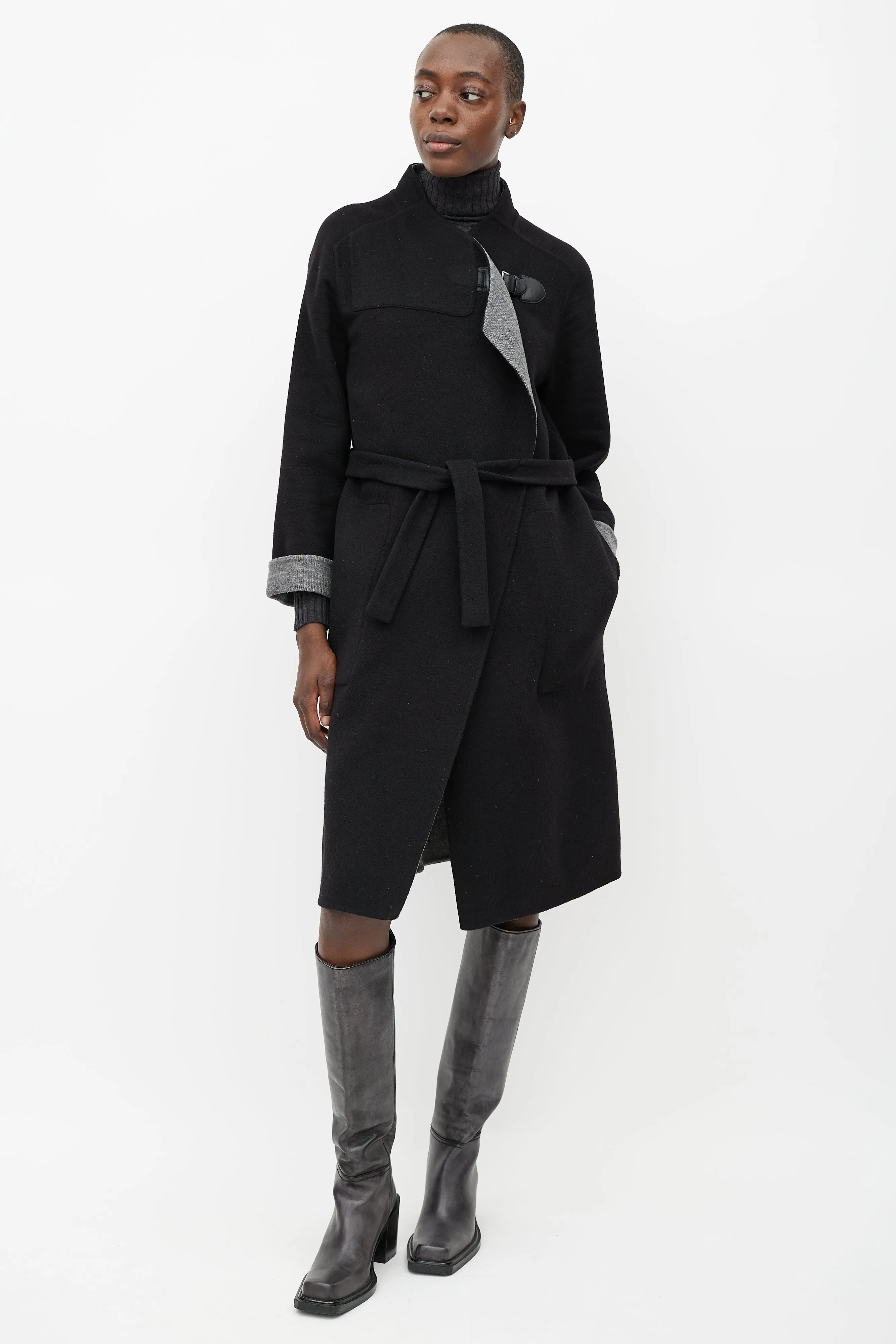 Black Belted Cashmere Buckle Coat