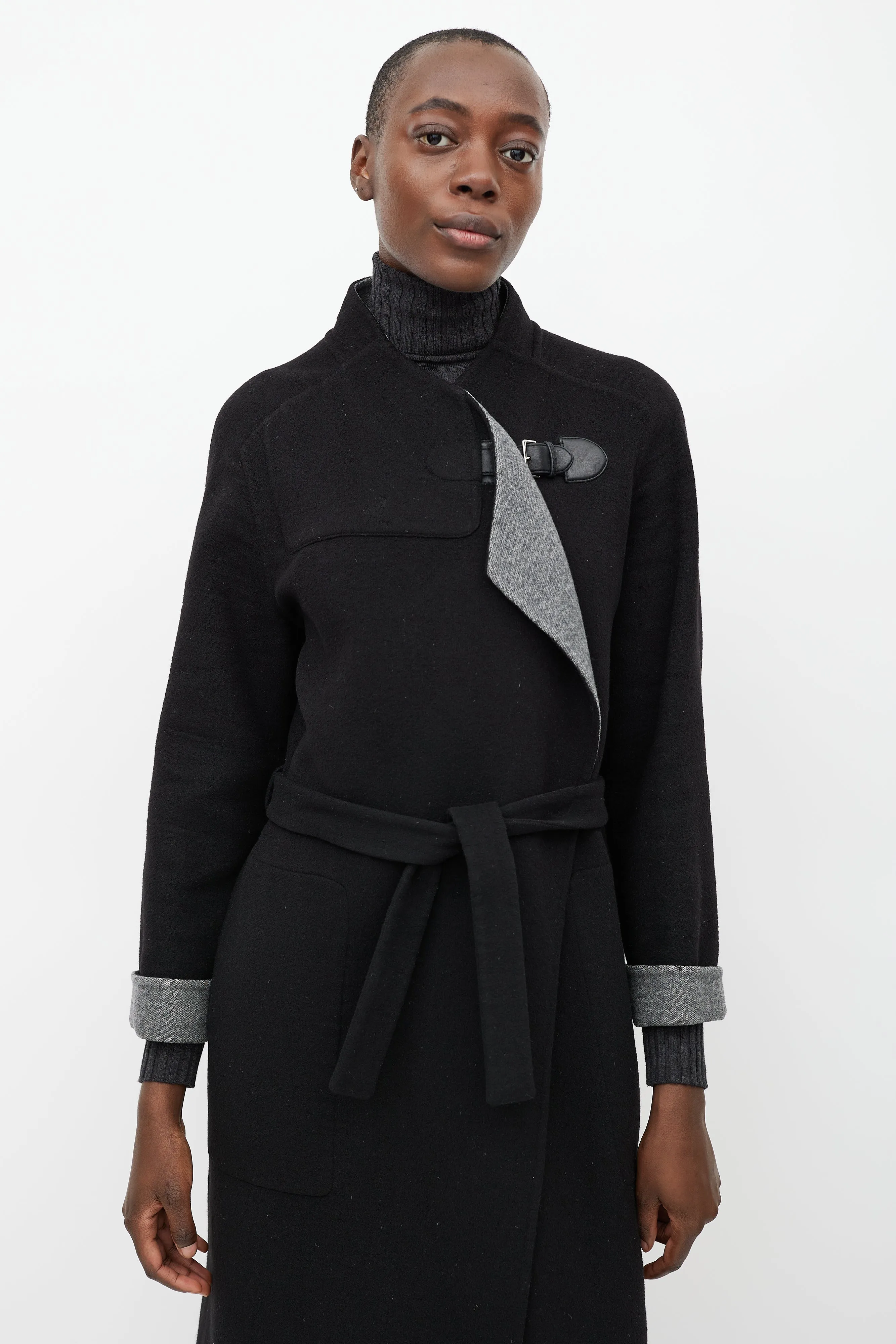 Black Belted Cashmere Buckle Coat