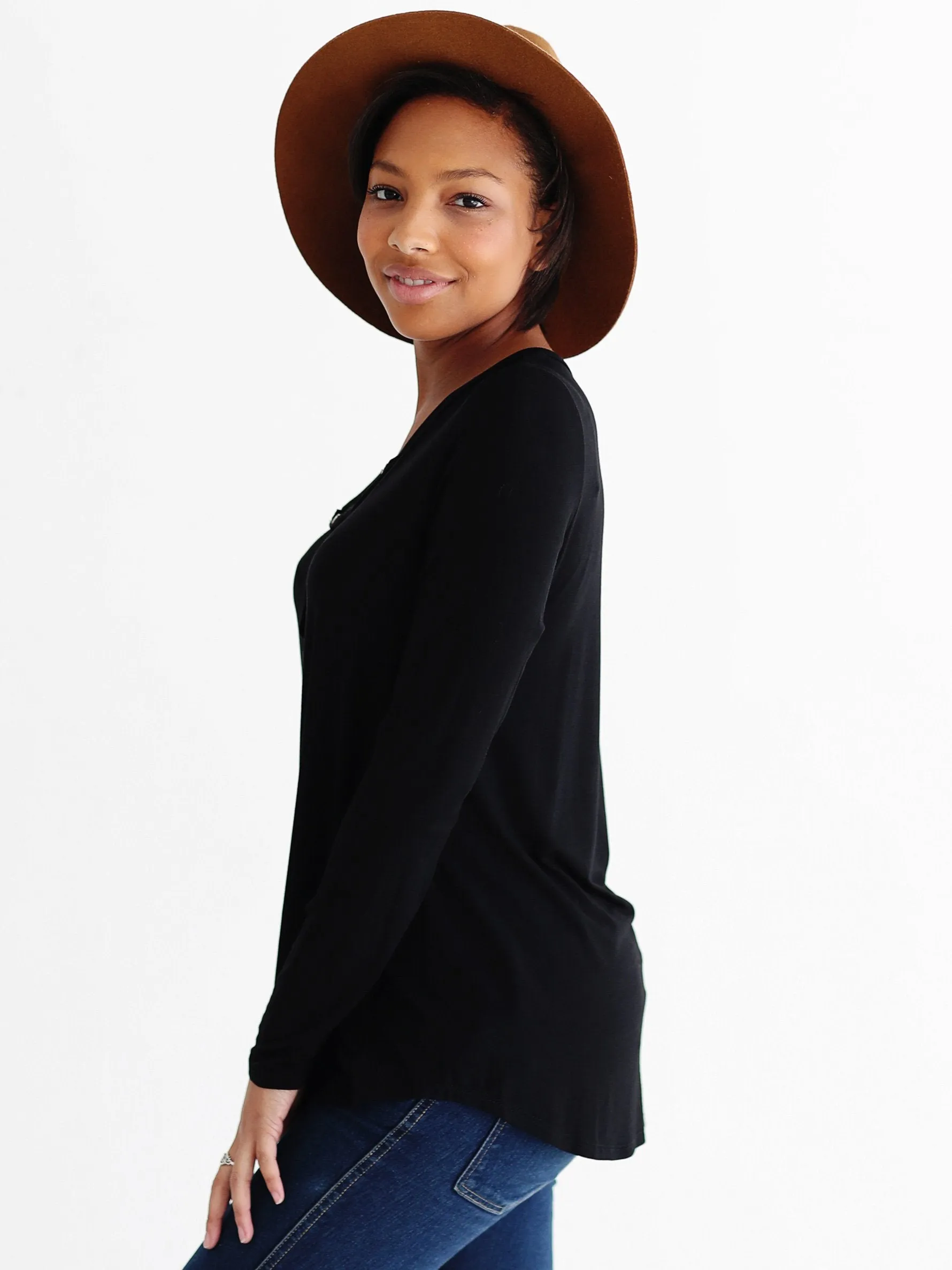 Black DLMN Long Sleeve Henley Top