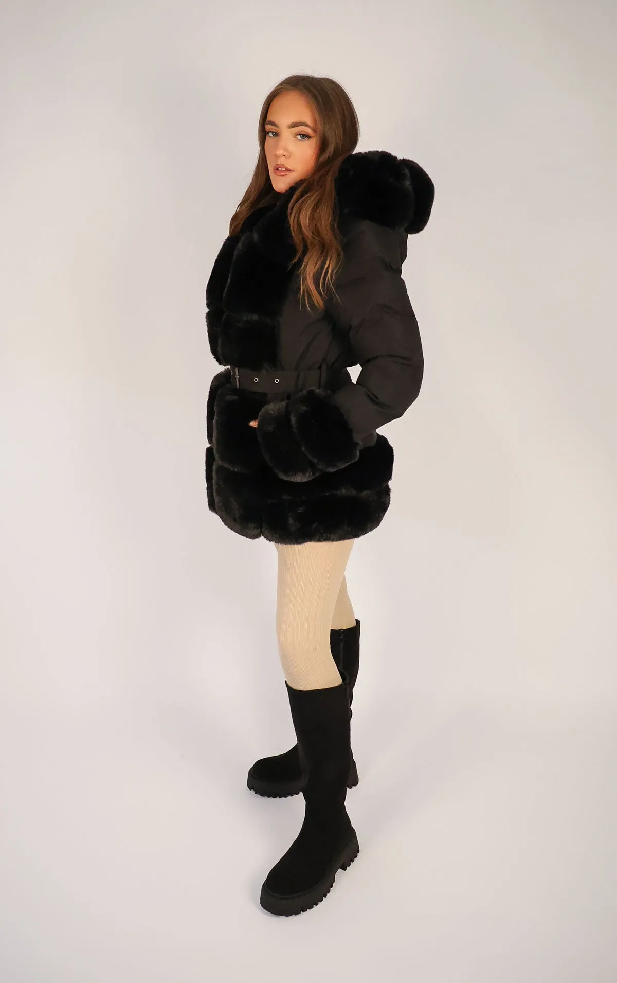 Black Faux Fur Trim Puffer Hooded Coat