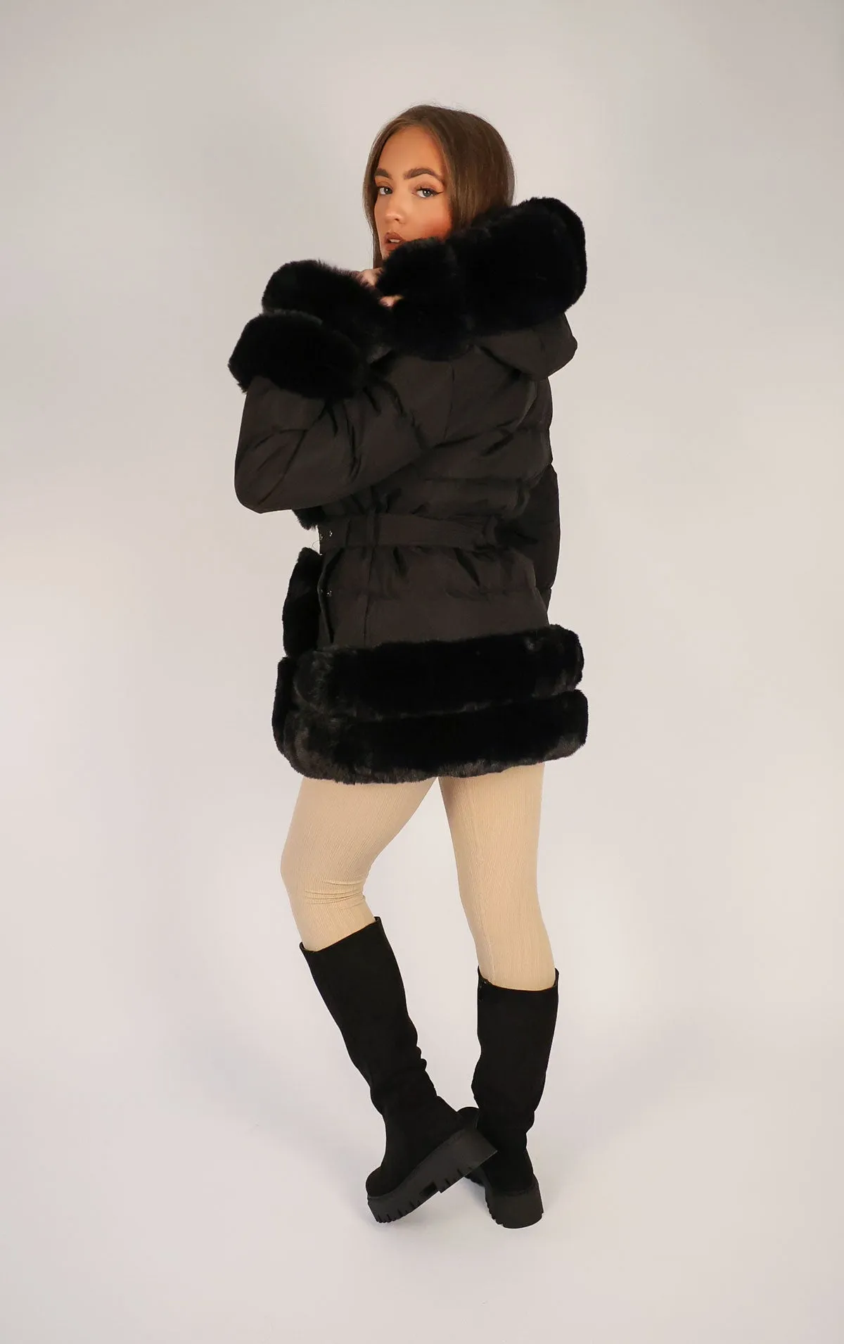 Black Faux Fur Trim Puffer Hooded Coat