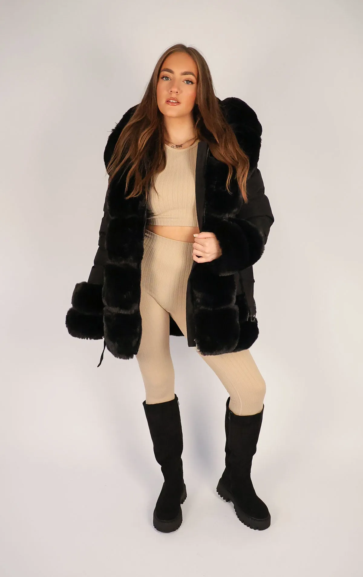 Black Faux Fur Trim Puffer Hooded Coat