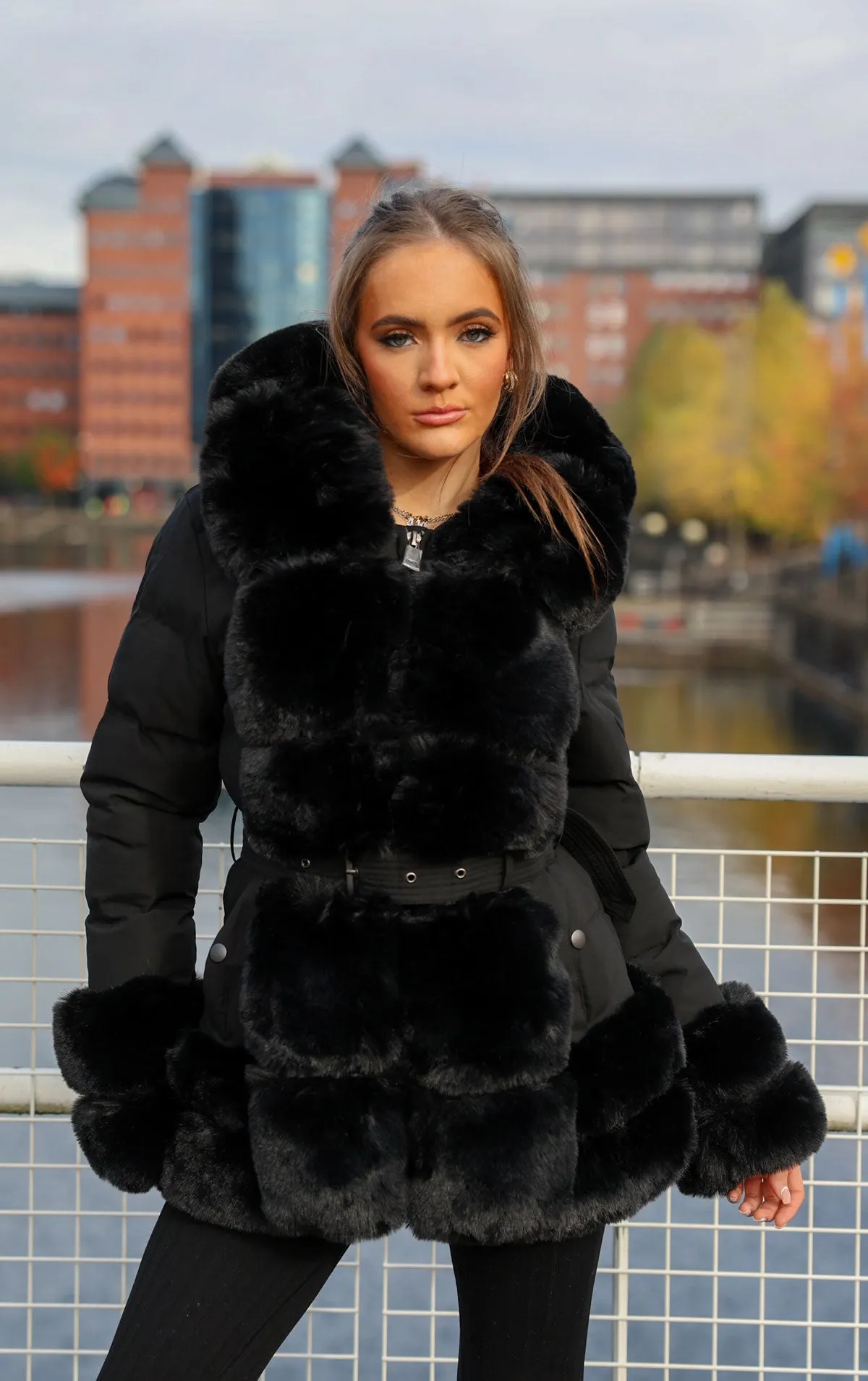 Black Faux Fur Trim Puffer Hooded Coat