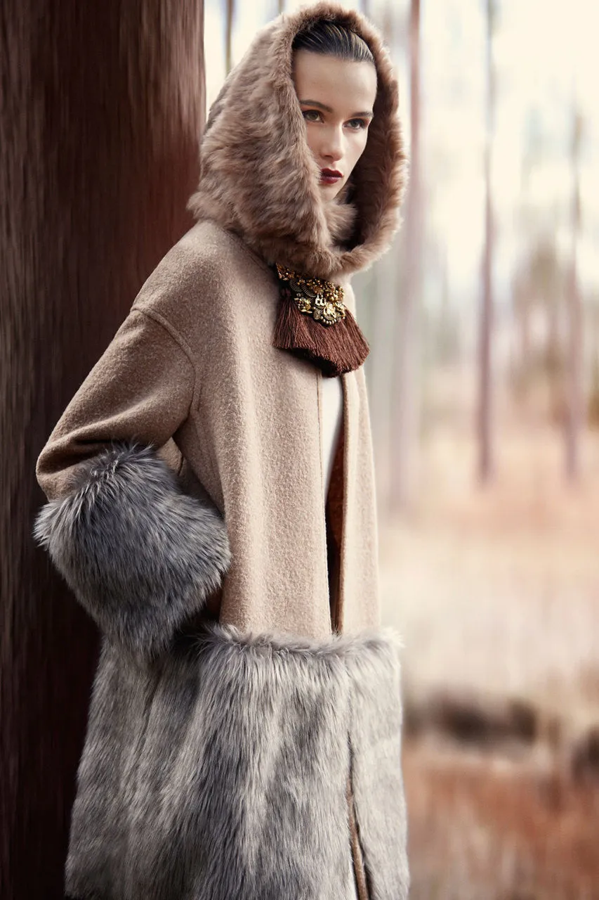 Boiled Wool Faux Fur Trim Coat