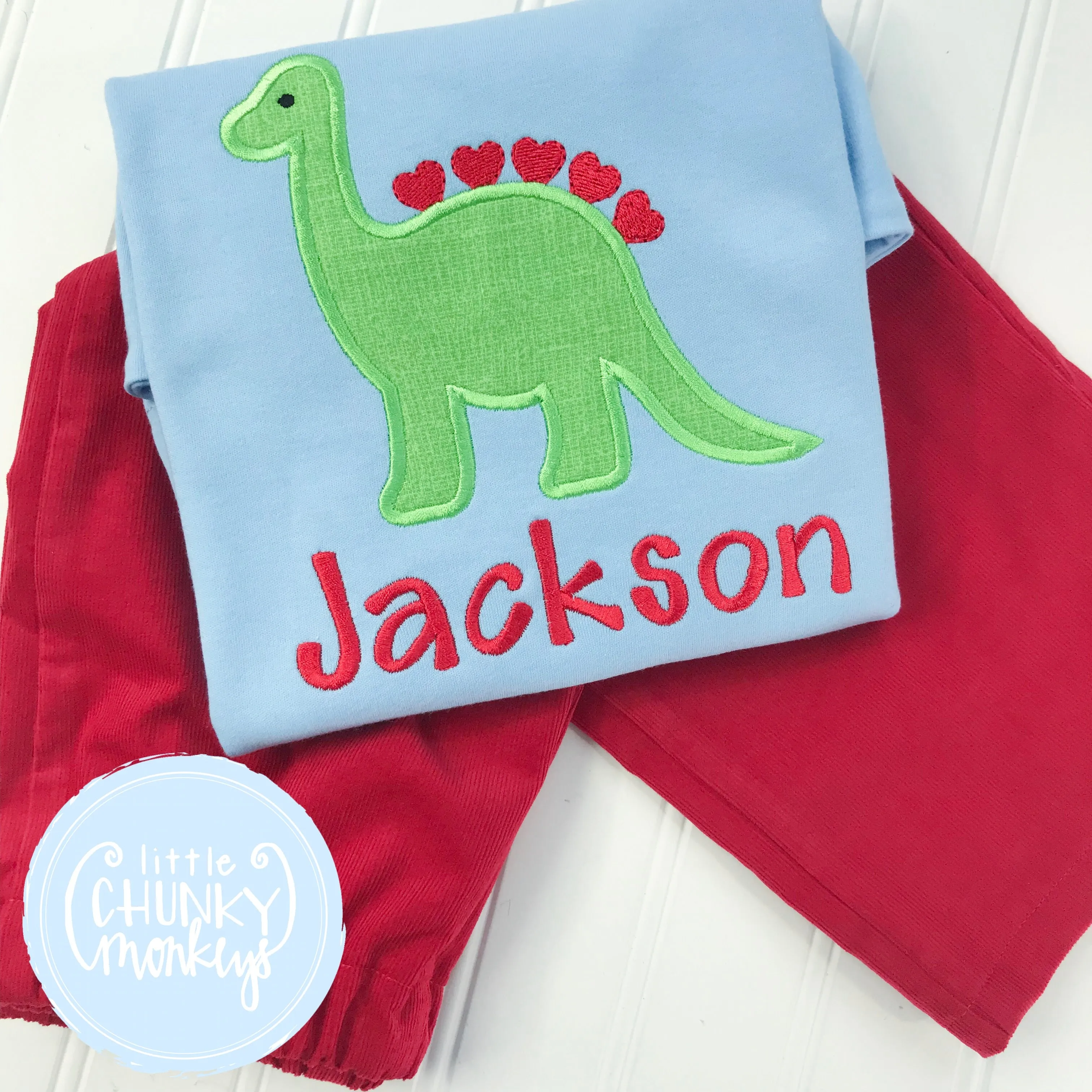 Boy Shirt - Boy Valentine Shirt - Valentine Dinosaur with Hearts on Light Blue Shirt