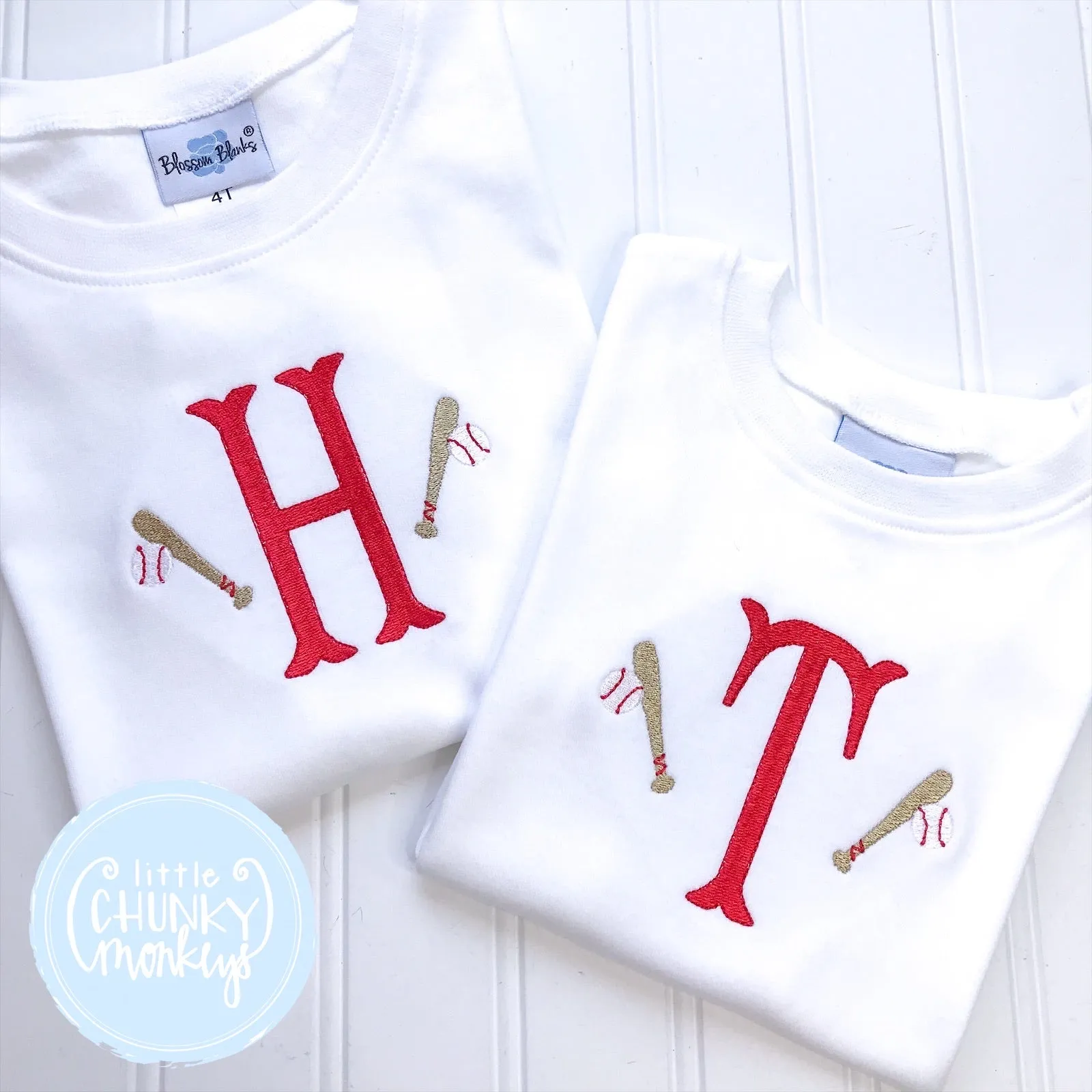 Boy Shirt - Initial with Baseball and Bat on White Shirt