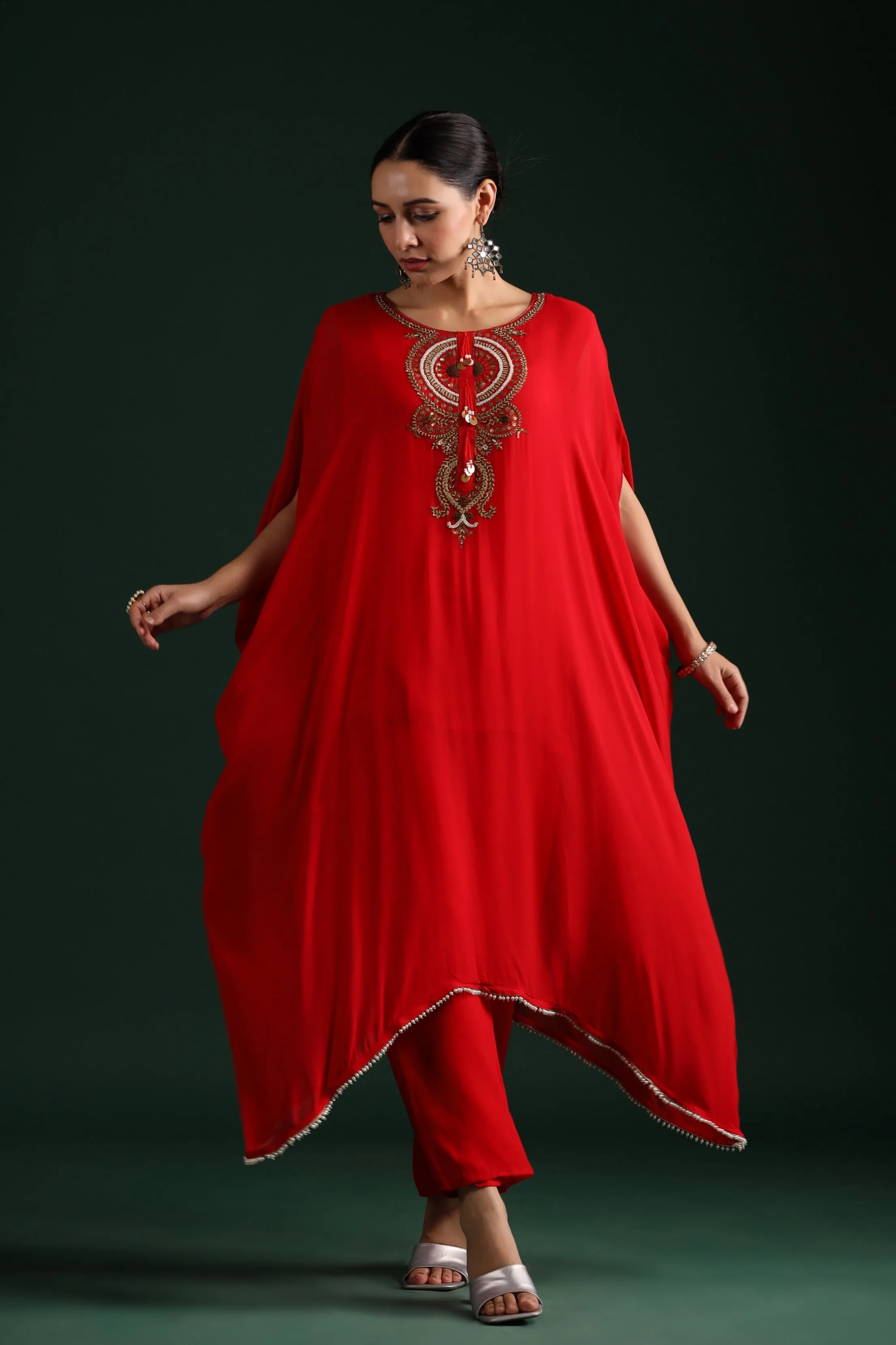 Bright Red Embellished Kaftan Pant Set