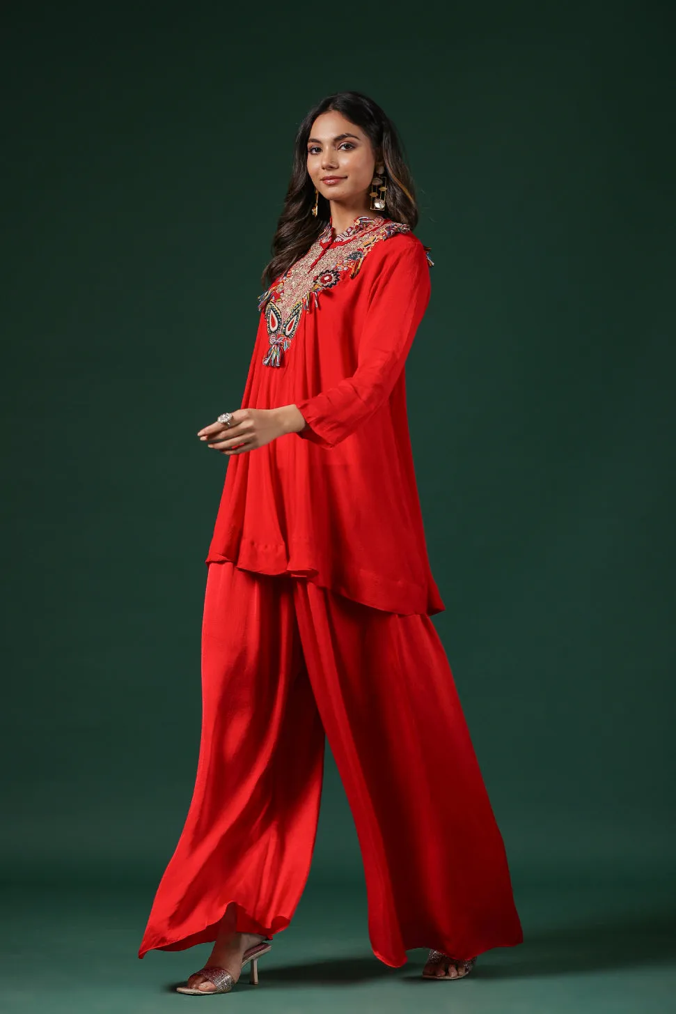 Bright Red Embroidered Premium Silk Co-Ord Set