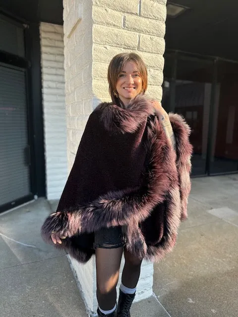 Burgundy alpaca and dyed silver fox cape