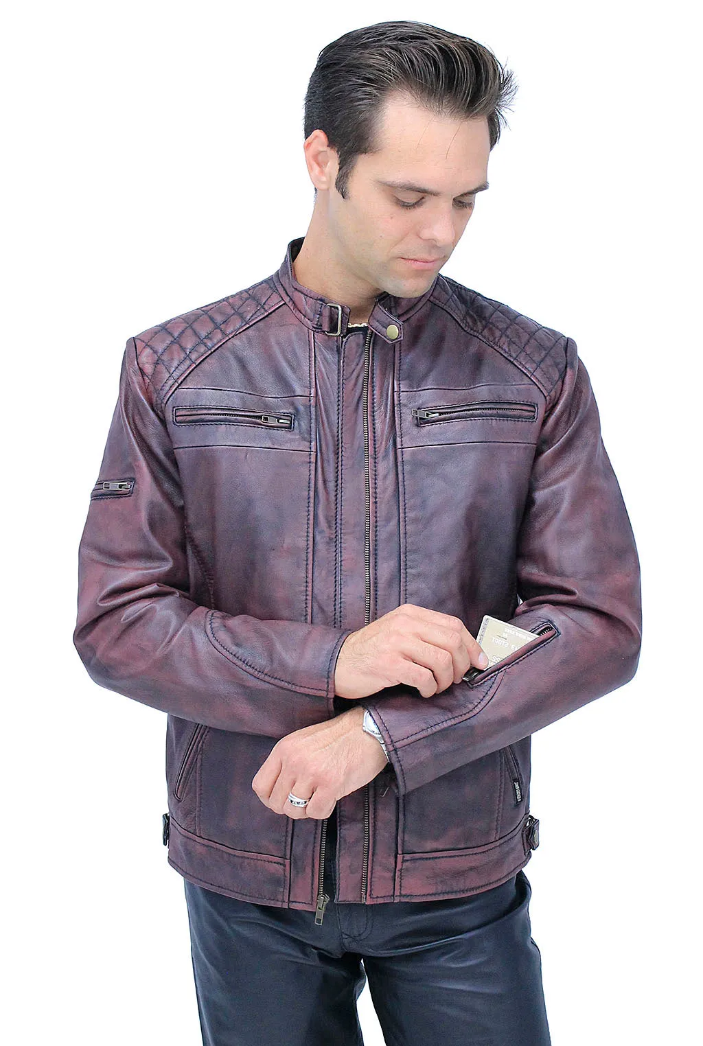 Burgundy Distressed Leather Vented Scooter Jacket CC Pockets #MA2021VQGR