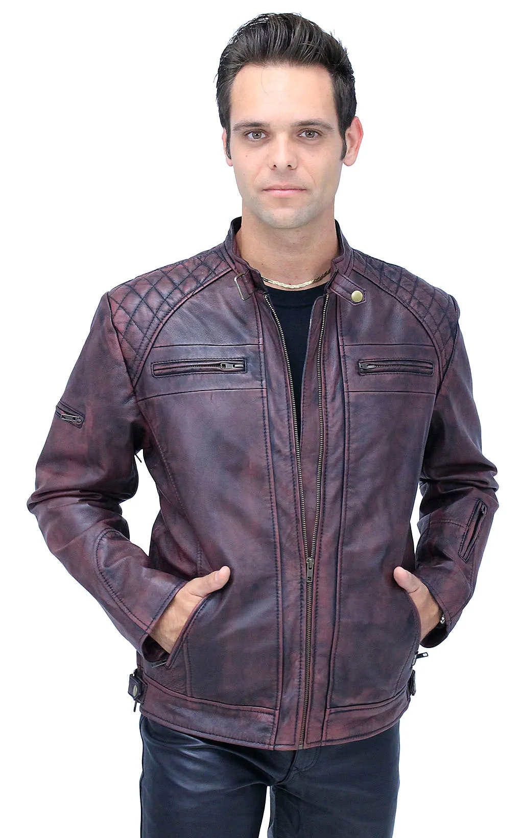 Burgundy Distressed Leather Vented Scooter Jacket CC Pockets #MA2021VQGR