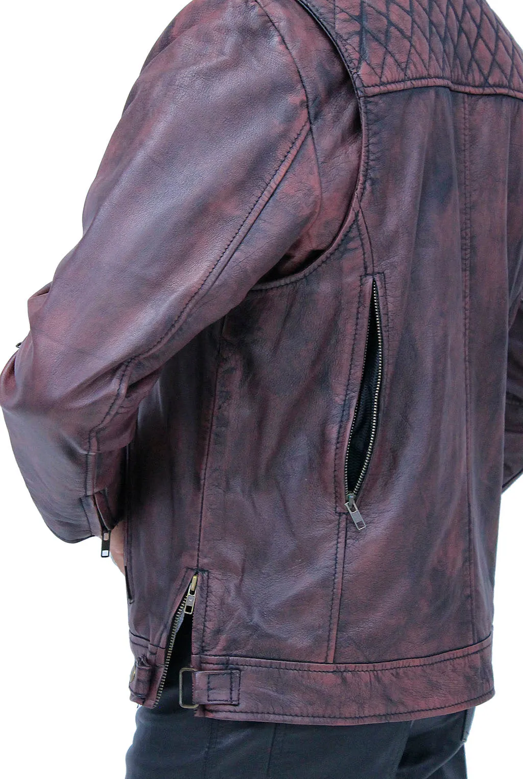 Burgundy Distressed Leather Vented Scooter Jacket CC Pockets #MA2021VQGR