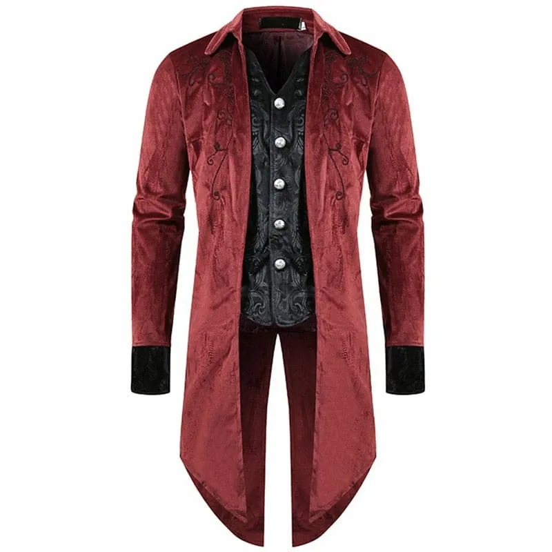 Burgundy Velvet Long Sleeve Button Tuxedo Coat for Cosplay