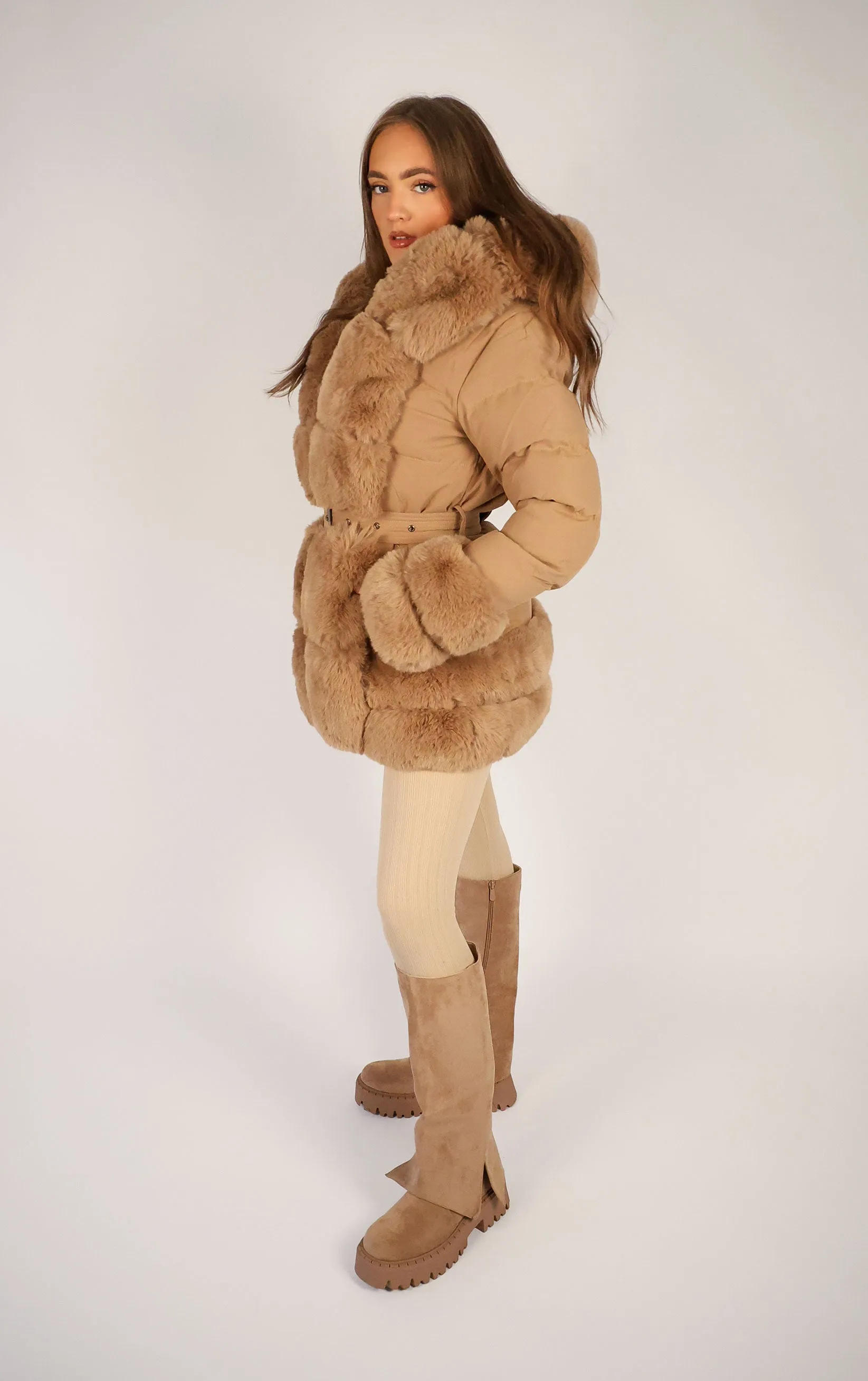 Camel Faux Fur Trim Puffer Hooded Coat