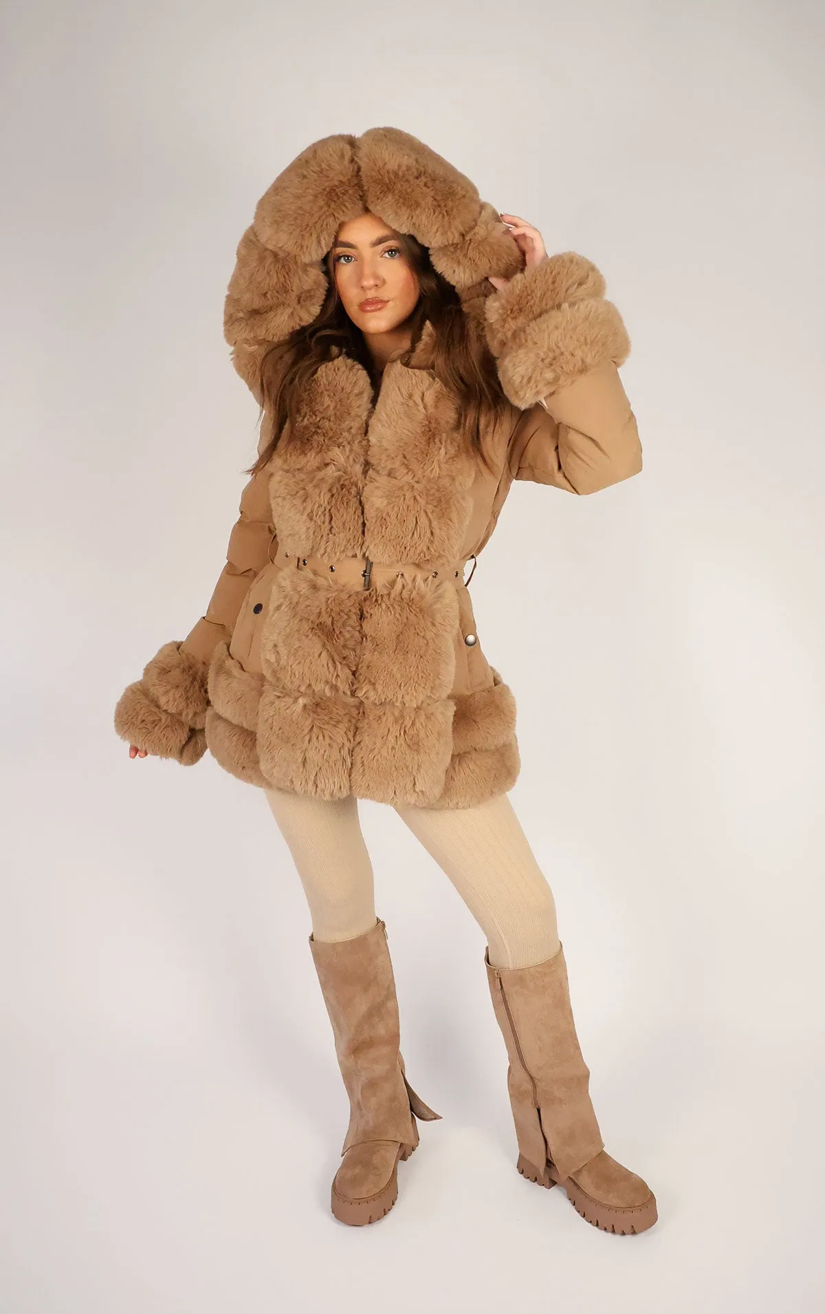 Camel Faux Fur Trim Puffer Hooded Coat