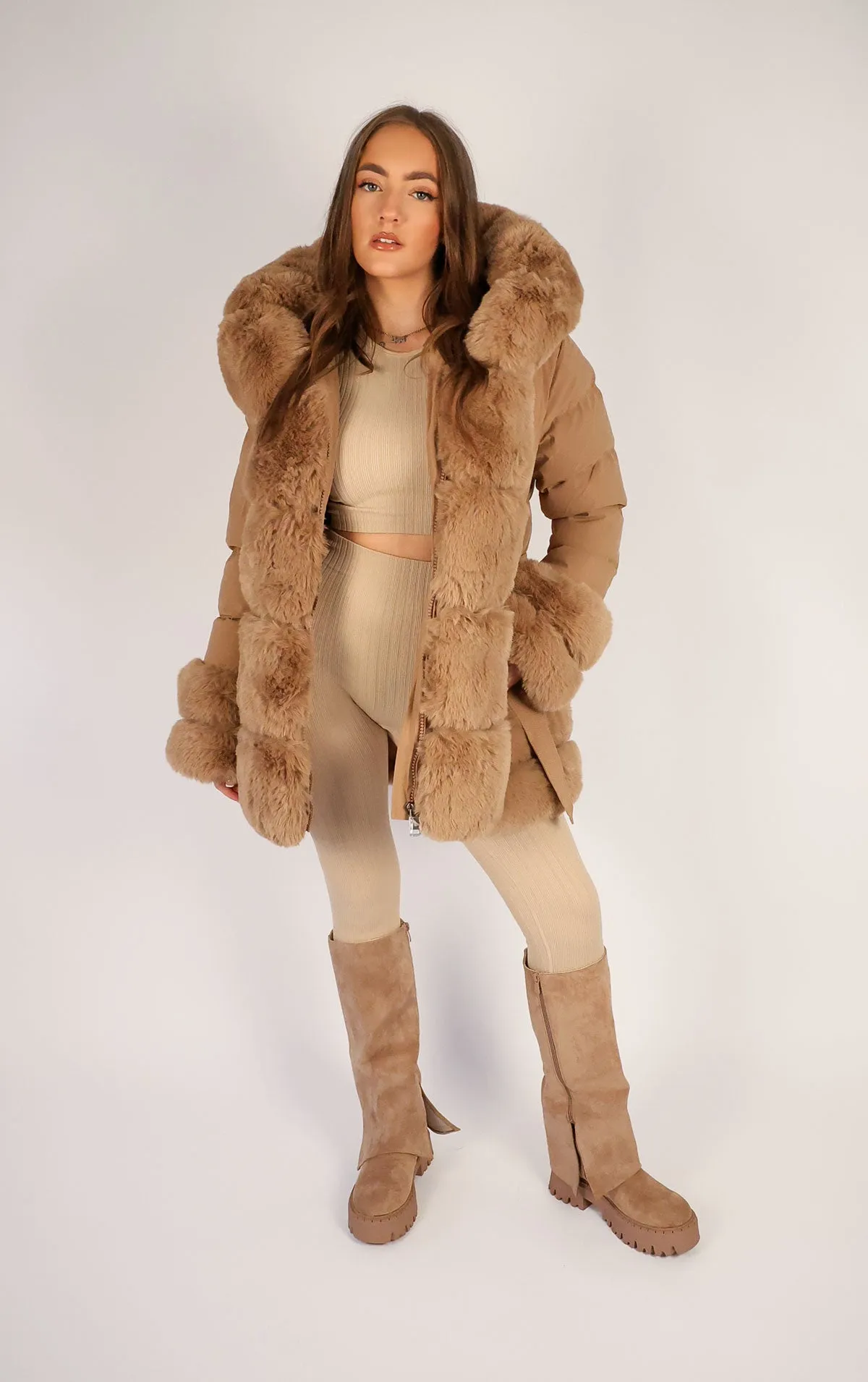 Camel Faux Fur Trim Puffer Hooded Coat