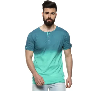 Campus Sutra Men's Blue and Mint Ombre Henley Neck Short Sleeve Regular Fit T-Shirt for Regular Wear | T-Shirt Crafted with Comfort Fit and High-Performance for Everyday Casual Wear