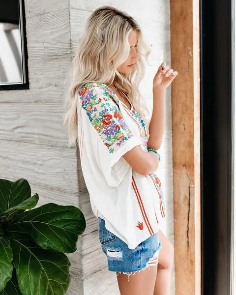 Casual V-neck Chiffon Print Short Sleeve Shirt