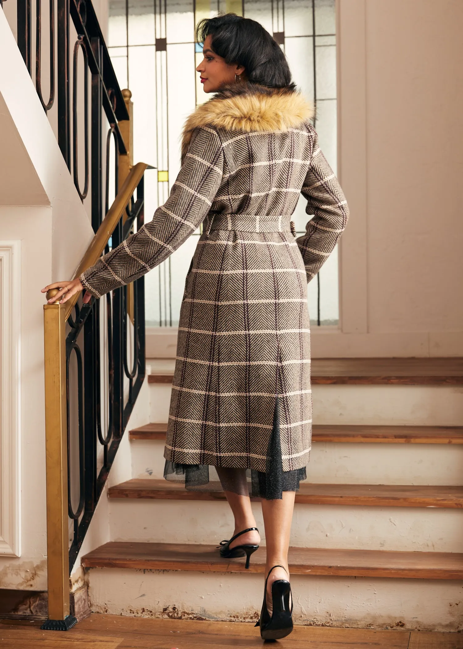 Checkered Charm Fur-Trimmed Coat