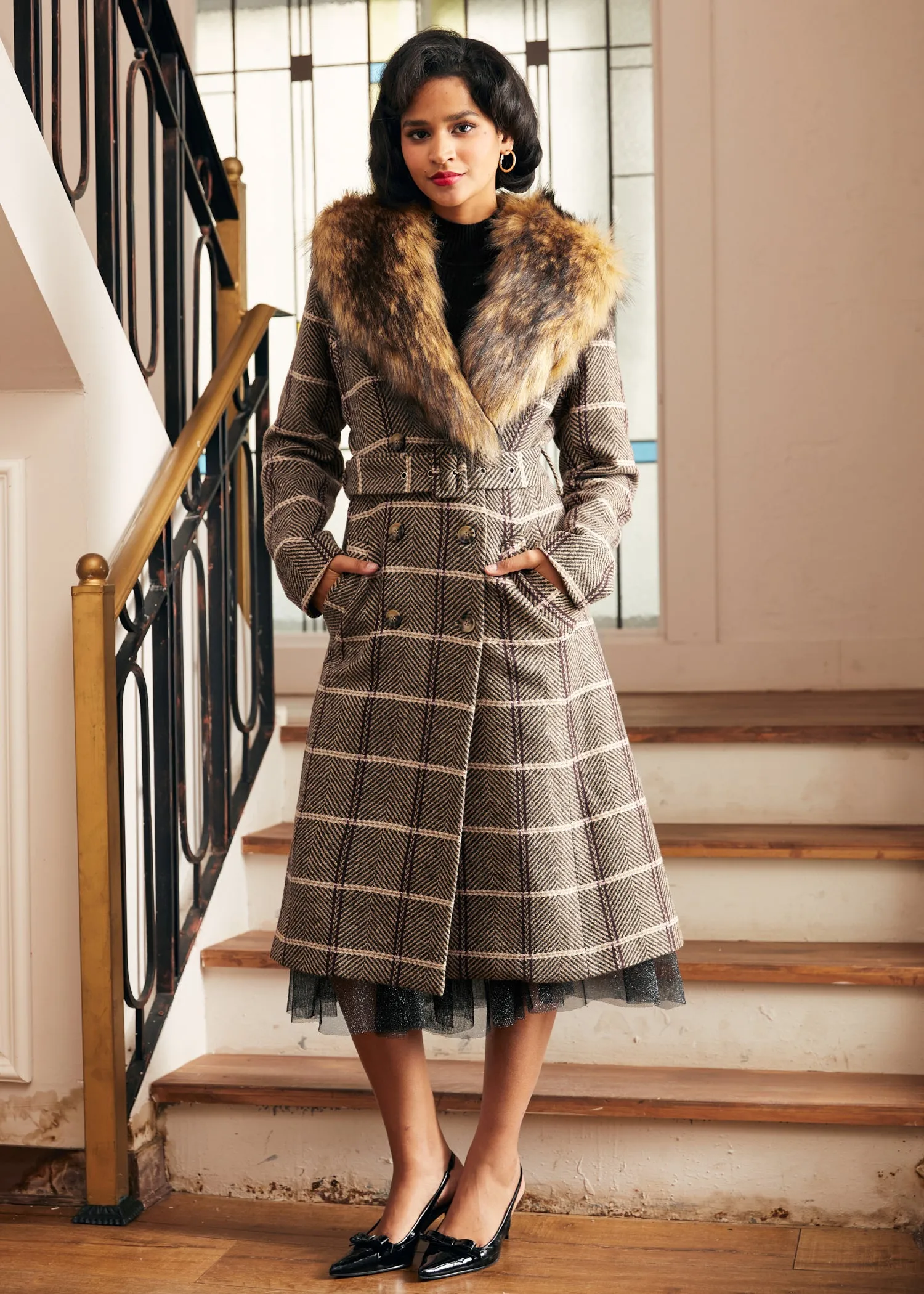 Checkered Charm Fur-Trimmed Coat