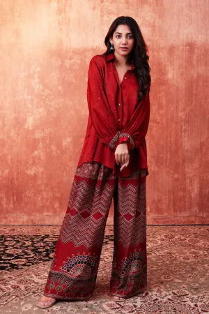 Cherry Red Ajrakh Printed Habutai Silk Co-Ord Set